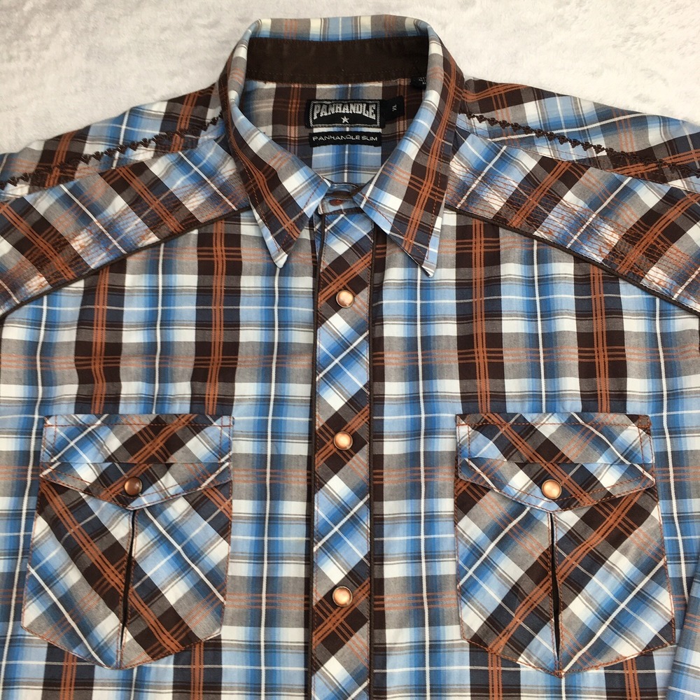 Panhandle Slim Shirt Mens XL Blue Plaid Embroidered Snap Front